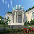 European-style Architecture With Glass Dome White Columns Surrounding Palm Trees Red Flowers And Blue Sky