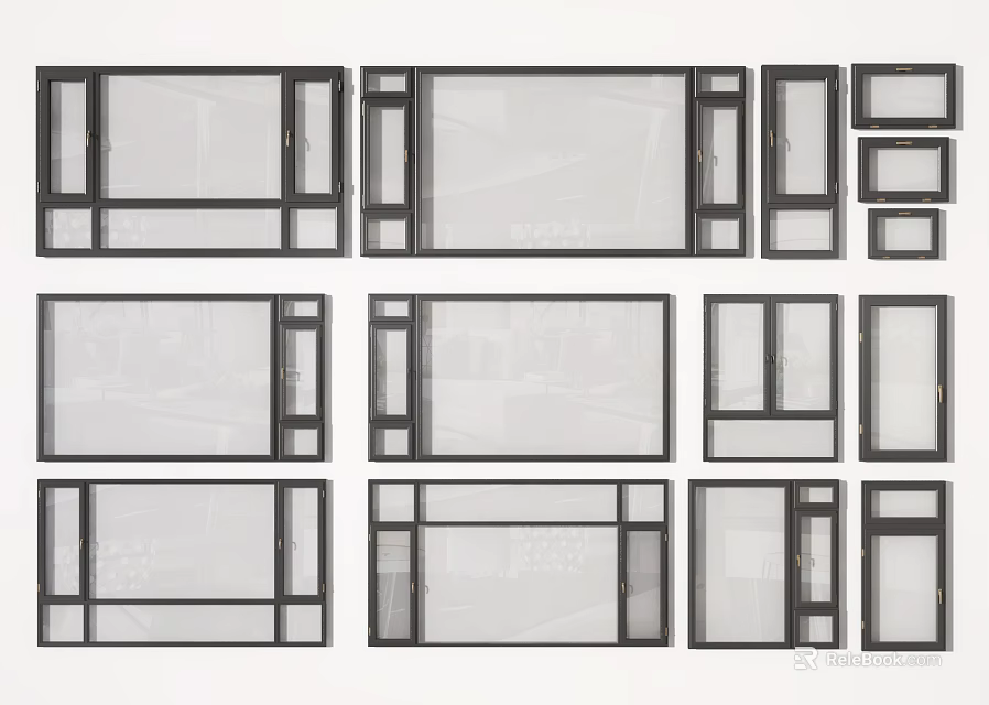 Assorted Modern Window Frame Designs With Glass Panels And Metal Frames 3d model