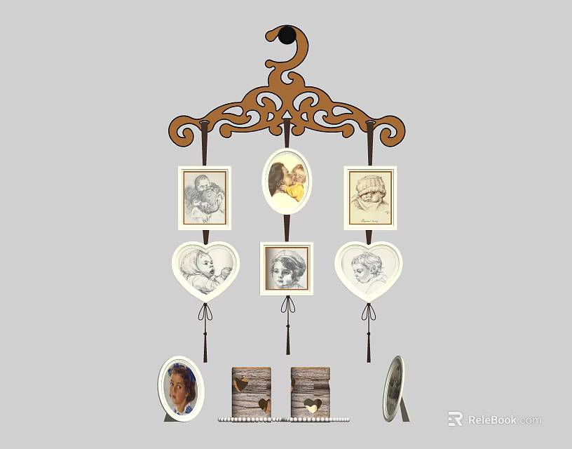 Carved Hanging Rack Decorative Ornament Combination With Photo Frames And Candle Holders 3d model 
