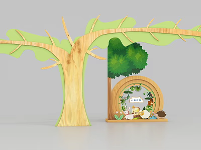 Wooden Tree Play Structure With Archway And Small Animal Decorations 3d model