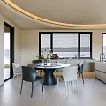 Modern Living Dining Area Interior With Curved Sofa Blue Chairs Coffee Table Chandelier And Rug