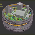 Cartoon Circular Scene With White Buildings Green Plants And Orange Accent Lines