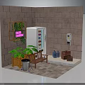 Indoor Interior Scene with Vending Machine Green Plants Wooden Bench Tiled Walls and Blue Bottles