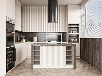 Modern Kitchen Interior With White Cabinets Island Counter Black Range Hood And Wooden Flooring 3d model