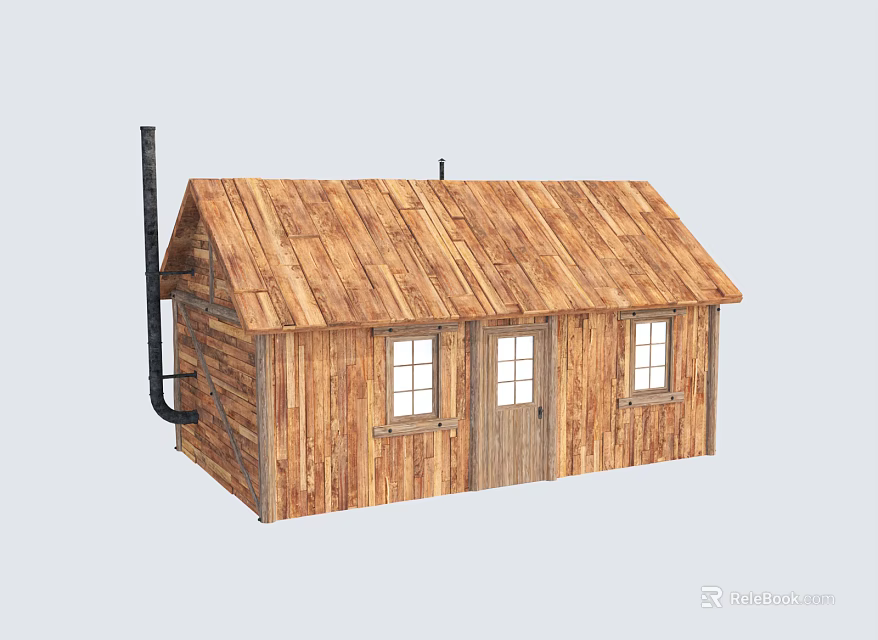 Wooden Cabin With Sloped Wooden Roof Door Windows And Black Chimney 3d model 