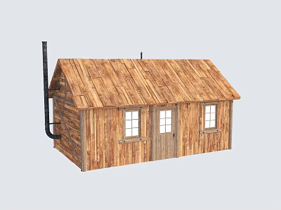 Wooden Cabin With Sloped Wooden Roof Door Windows And Black Chimney 3d model