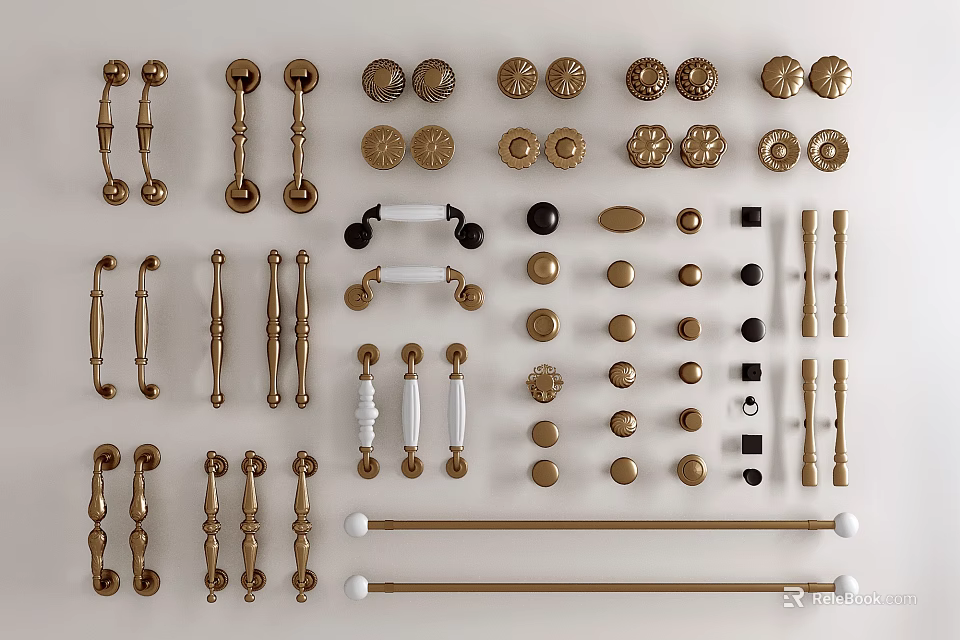 Various Decorative Door Handles In Gold Black White With Modern And Traditional Styles 3d model 