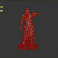 Man in wooden sculpture with standing pose one hand raised near head and carved base