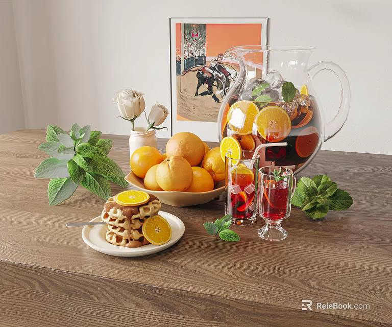 Sliced Oranges Lemons And Fresh Mint Leaves For Fruit Tea In Glass Pitcher 3d model 