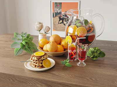 Sliced Oranges Lemons And Fresh Mint Leaves For Fruit Tea In Glass Pitcher 3d model