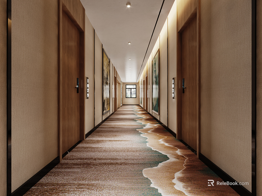 Elegant Hotel Corridor With Wooden Doors Wave Pattern Carpet And Warm Lighting 3d model 