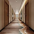 Elegant Hotel Corridor With Wooden Doors Wave Pattern Carpet And Warm Lighting
