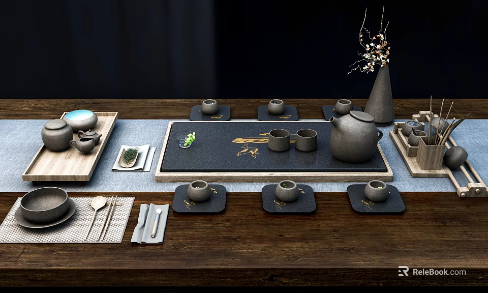 Elegant Traditional Tea Set With Teapot Teacups Coasters And Decorative Tray On Wooden Table 3d model 