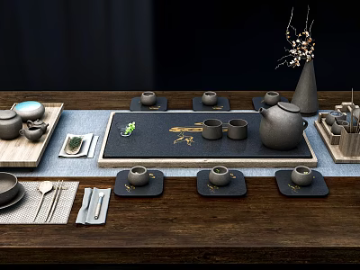 Elegant Traditional Tea Set With Teapot Teacups Coasters And Decorative Tray On Wooden Table 3d model