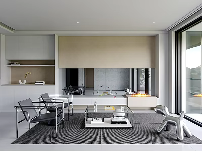 Modern Living Room Interior With Metal Frame Chairs Coffee Table And Large Windows 3d model