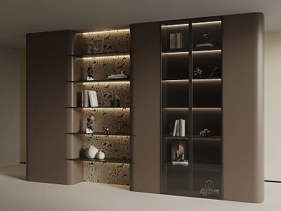 Elegant Modern Bookcase with Glass Doors Layered Shelves Books and Decorative Items 3d model