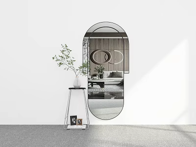 Oval Mirror Interior With Plant Stand Photo Frame Greenery And Reflected Sofa Decorative Wall 3d model