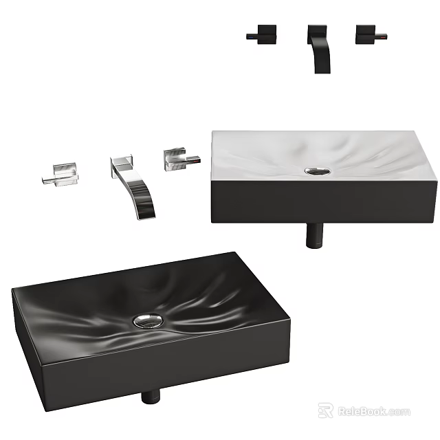 Black And White Rectangular Washbasin With Wave Design And Faucet Fixtures 3d model 