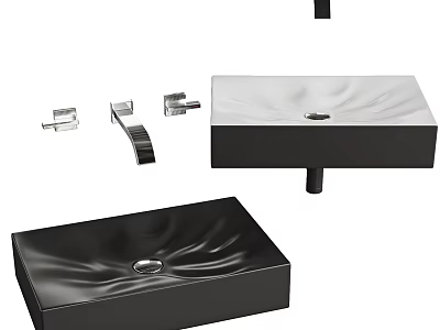 Black And White Rectangular Washbasin With Wave Design And Faucet Fixtures 3d model