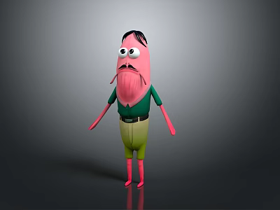 Cartoon Character With Pink Body Beard Wearing Green Shirt Yellow Shorts And Sunglasses 3d model