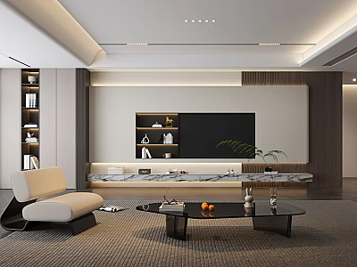 Modern Living Room Interior Design With Beige Sofa Black Coffee Table And TV Wall 3d model