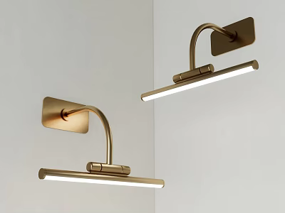 Modern Brass Wall Lamps with Curved Arm and Long Strip LED Lights on White Wall 3d model
