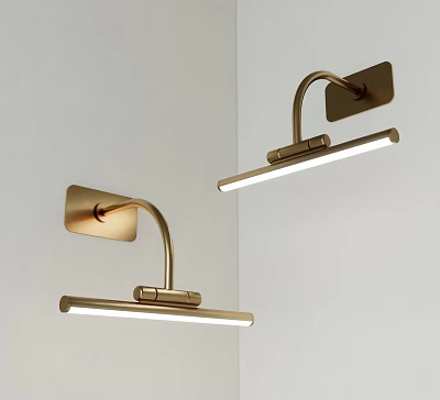 Modern Brass Wall Lamps with Curved Arm and Long Strip LED Lights on White Wall 3d model
