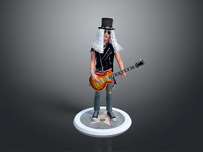 Man in Top Hat with Long White Hair Holding Electric Guitar on White Base 3d model