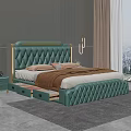 Modern Bedroom With Green Tufted Headboard Gold Trim Nightstands And Storage Drawers