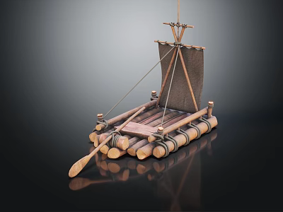 Traditional Wooden Boat With Log Raft Structure Canvas Sail And Wooden Oar 3d model