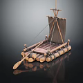 Traditional Wooden Boat With Log Raft Structure Canvas Sail And Wooden Oar