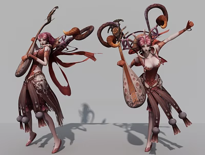 Game Movie Female Character With Elaborate Headdress Ornate Costume Lute And Flowing Ribbons 3d model