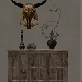 Rustic Entryway Sideboard Cabinet With Decorative Vase And Wall Hanging Decor 3d model