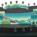 Stage Design With Blue Lighting Mountain Landscape Screens And People Presenting
