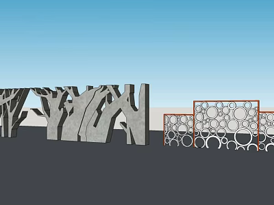 Contemporary Landscape Feature Wall With Tree Branch And Circular Perforated Patterns 3d model
