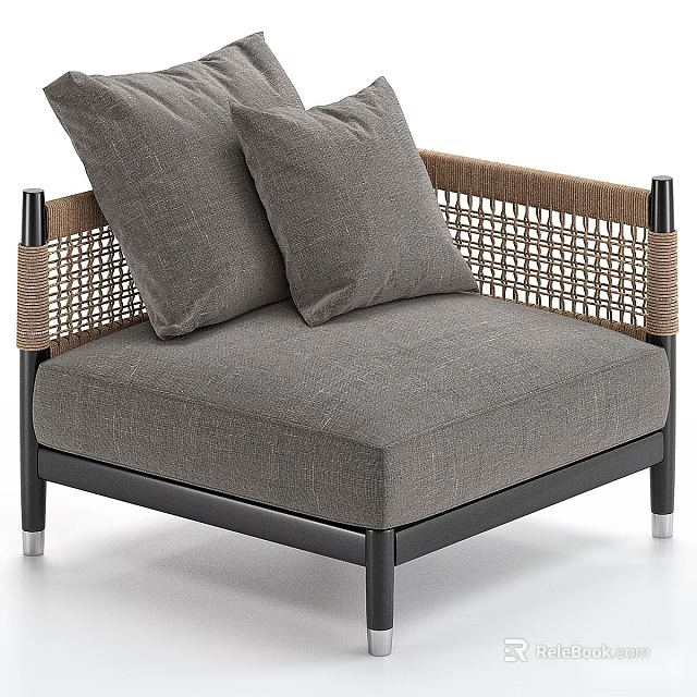 Modern Single Sofa With Gray Cushions Woven Armrests And Black Frame 3d model