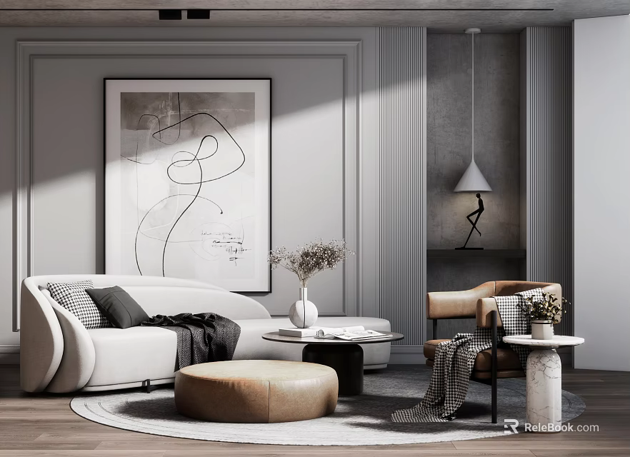Modern Living Room Sofa and Coffee Table Set with Ottoman Rug and Abstract Painting 3d model 