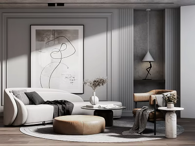 Modern Living Room Sofa and Coffee Table Set with Ottoman Rug and Abstract Painting 3d model