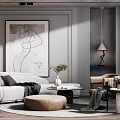 Modern Living Room Sofa and Coffee Table Set with Ottoman Rug and Abstract Painting