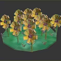 Yellow Flowers With Purple Centers On Green Platform Surrounded By Small Green Plants