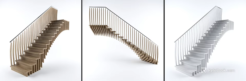 Modern Curved Staircase Design With Wooden Steps And Metal Railings Interior 3d model 