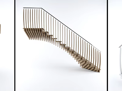 Modern Curved Staircase Design With Wooden Steps And Metal Railings Interior 3d model