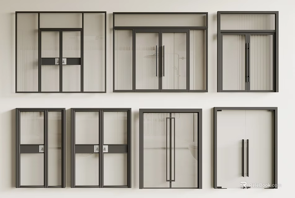 Modern Double Doors With Black Frames Glass Panels And Various Designs 3d model 