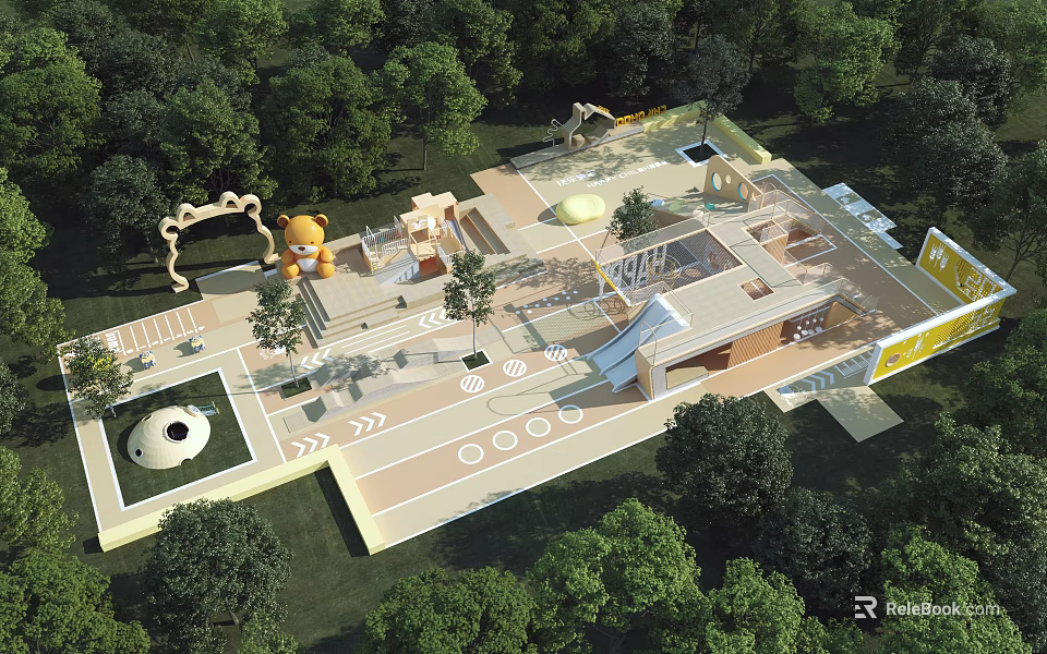 Children's Play Area With Slide Climbing Structure Small House And Circular Elements Surrounded By Trees 3d model 