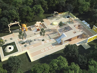 Children's Play Area With Slide Climbing Structure Small House And Circular Elements Surrounded By Trees 3d model