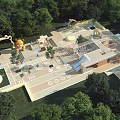 Children's Play Area With Slide Climbing Structure Small House And Circular Elements Surrounded By Trees