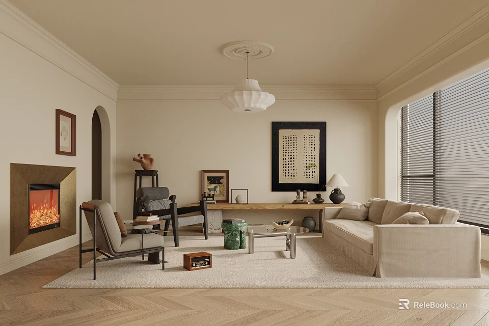Modern Living Room Interior Design With Fireplace Herringbone Floor Chandelier And Beige Sofa 3d model 