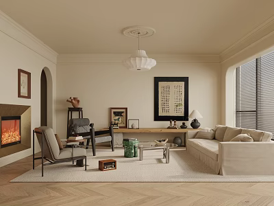 Modern Living Room Interior Design With Fireplace Herringbone Floor Chandelier And Beige Sofa 3d model