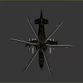 Blue Military Helicopter Model with Multiple Rotors Yellow Markings Weapons on Dark Background Reflection