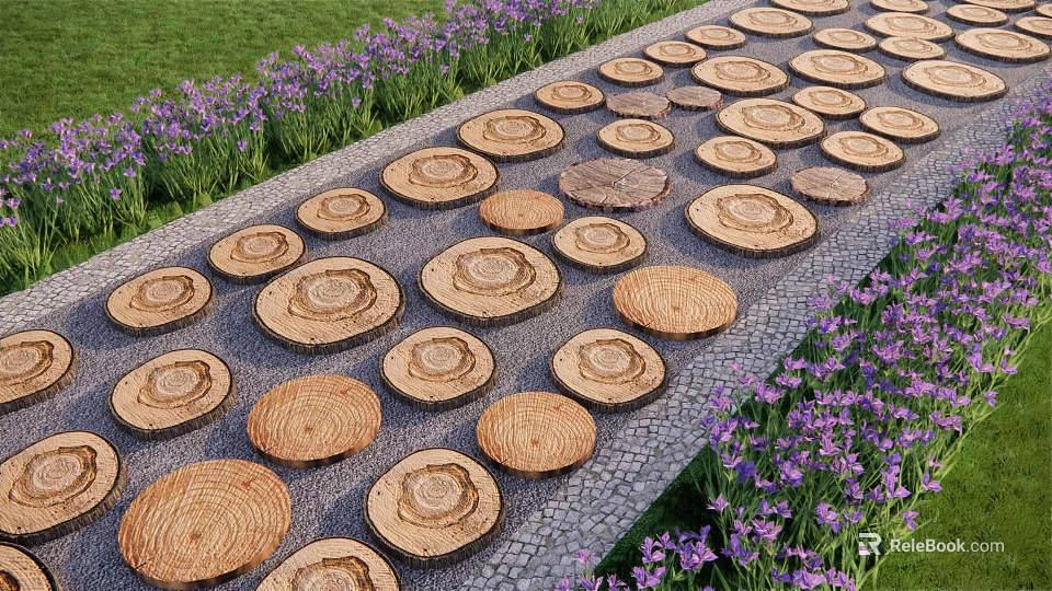 Natural Wooden Log Slice Stepping Stones On Gravel Ground With Purple Flowers And Grass 3d model 